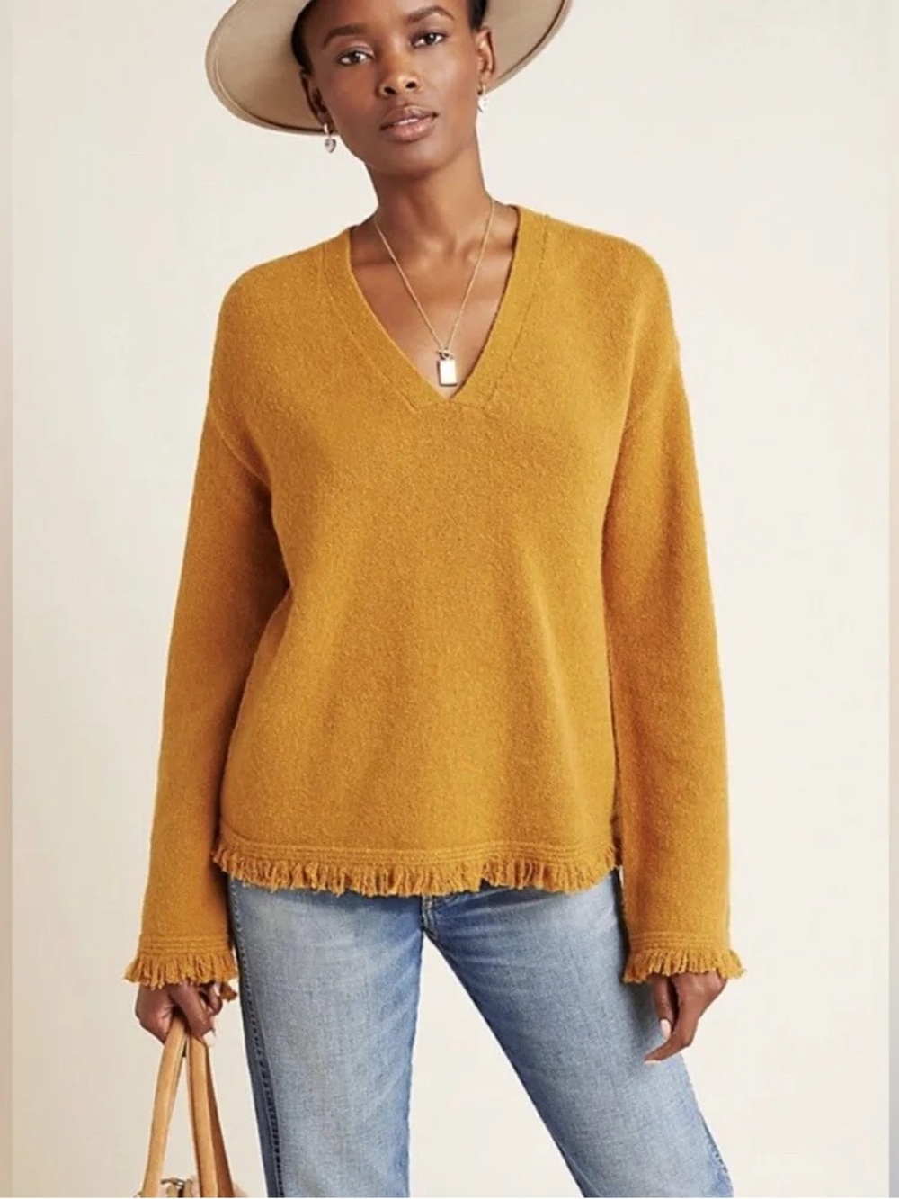 Anthropologie Joy Fringe Hem V-neck Sweater Mustard XS